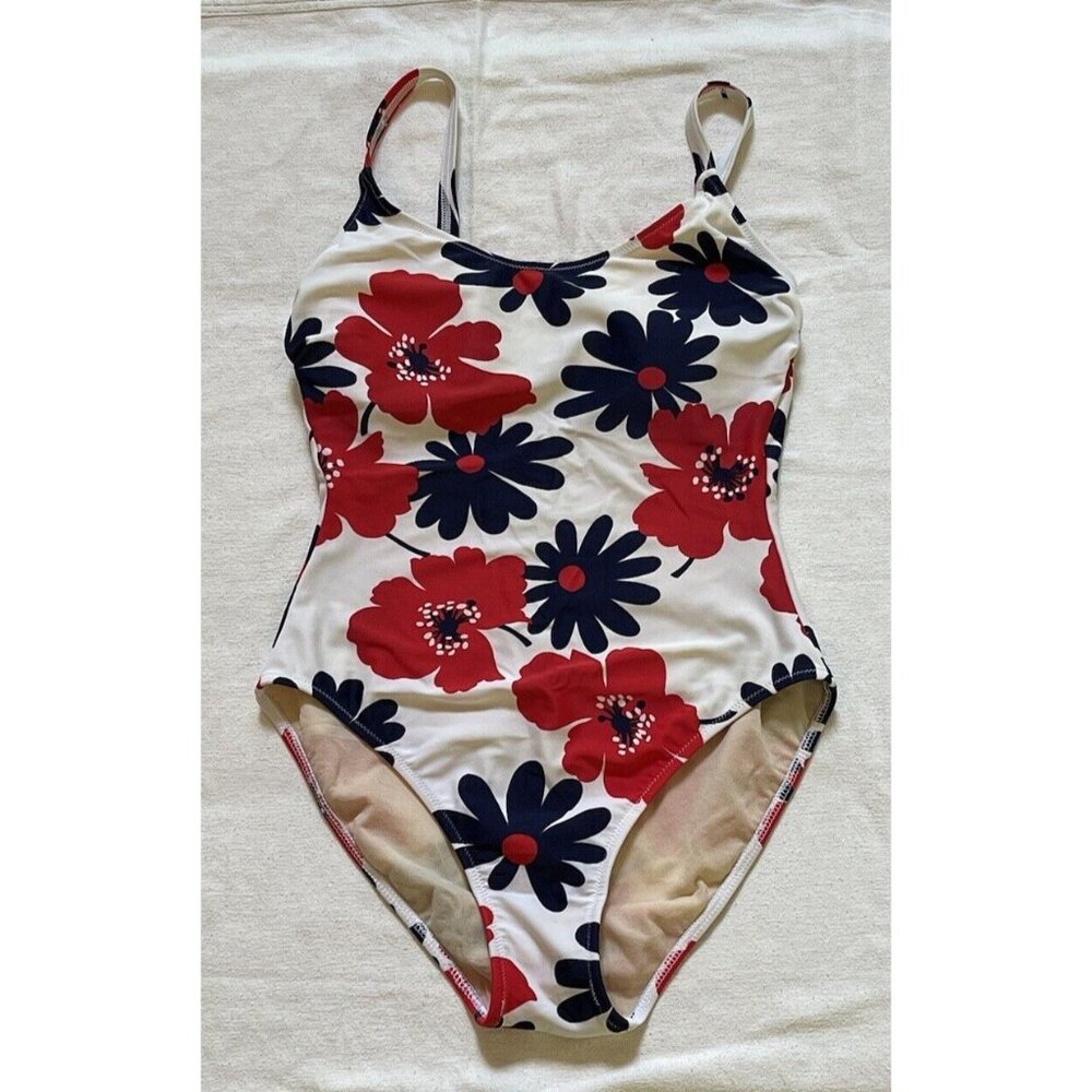 Diva Studio One-Piece Swimsuit Red and Blue Floral Size 10 Bathing Suit July 4th